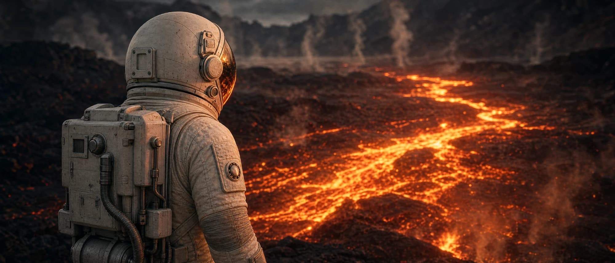 Über die Schulter des Astronauten fällt der Blick auf fließende Lava.