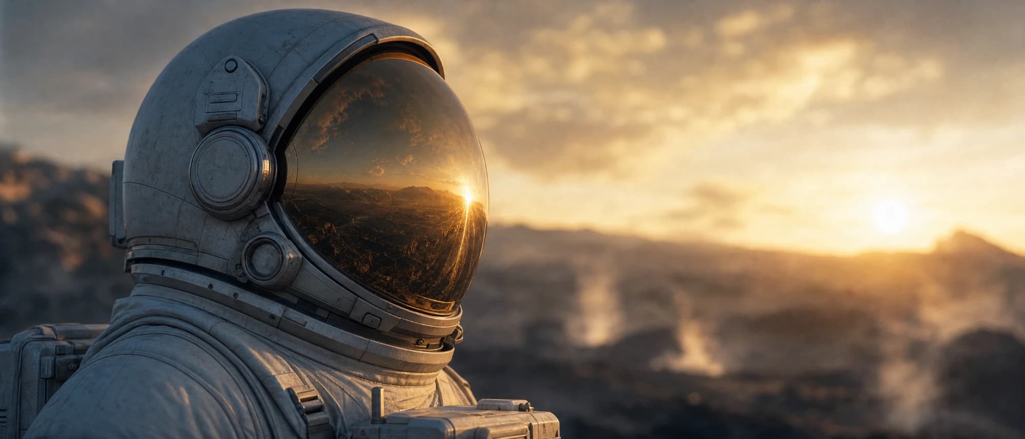 Helm des Astronauten, im Visier spiegelt sich ein Sonnenaufgang.