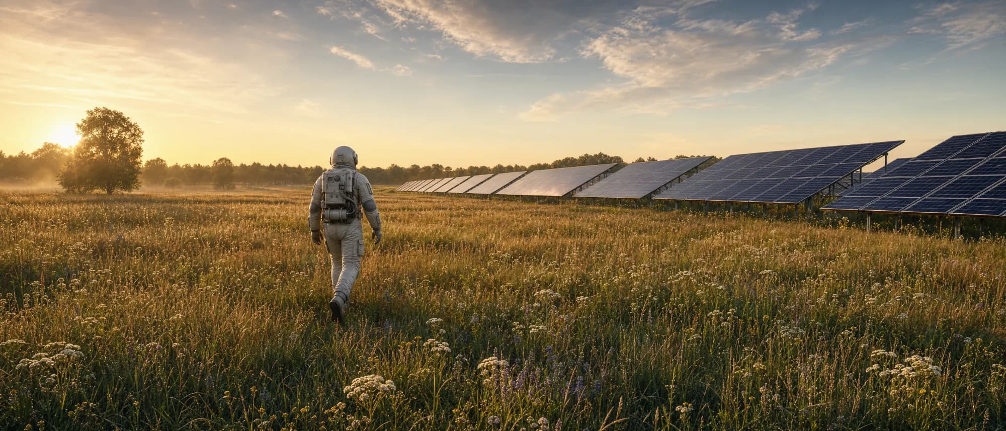 Der Astronaut geht über eine blühende Wiese auf eine Reihe Solarmodule zu.