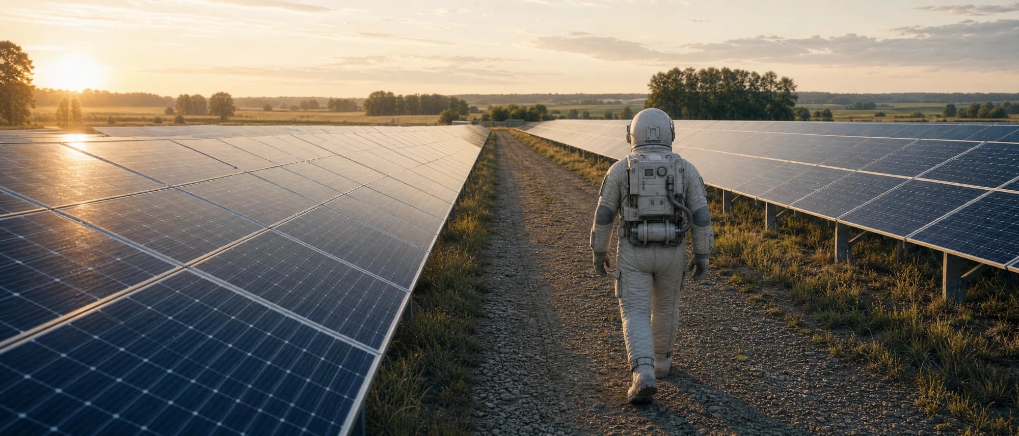 Der Astronaut geht auf einem Weg zwischen zwei Reihen Solarmodulen.