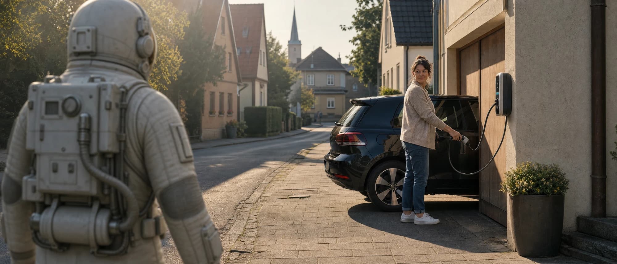 In einer Wohnstraße lädt eine Frau ihr Auto an einer Wallbox, im Vordergrund der Astronaut.