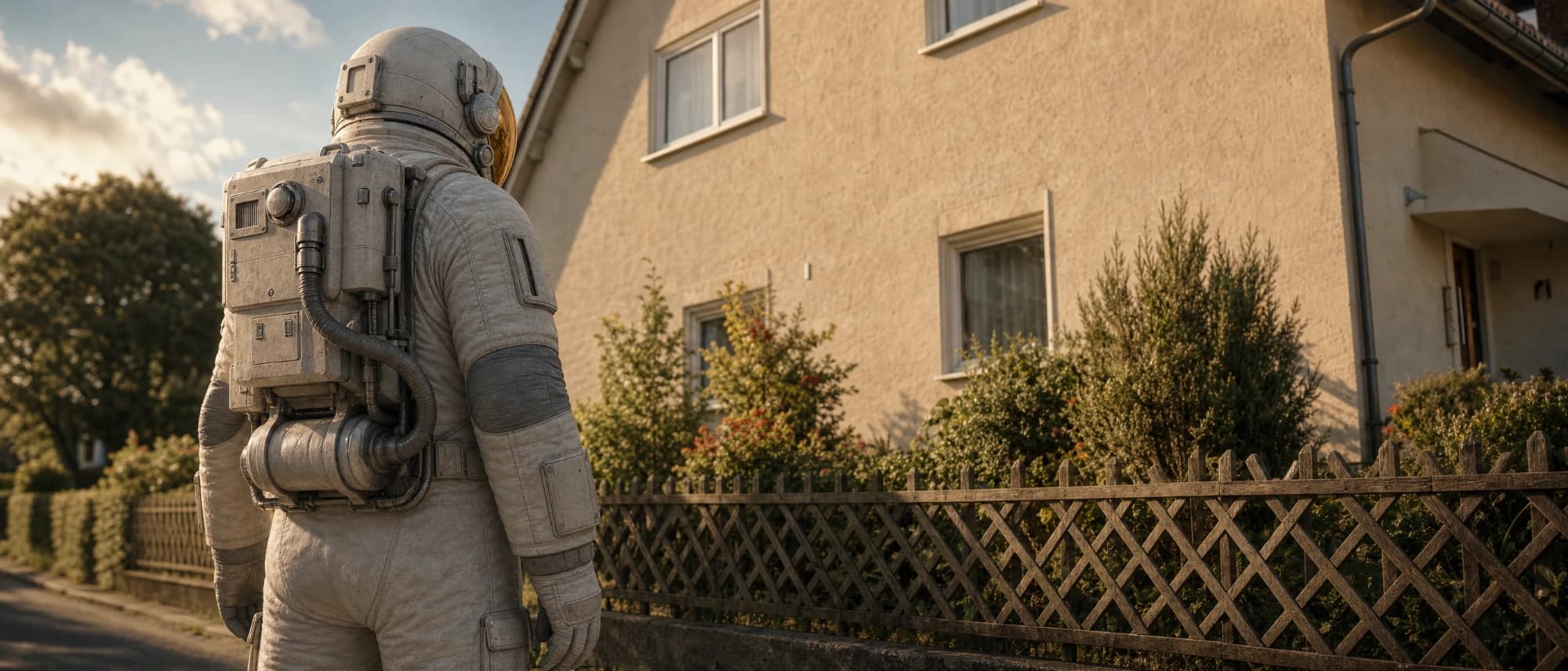 Der Astronaut steht in Rückenansicht vor einem Wohnhaus mit Vorgarten.